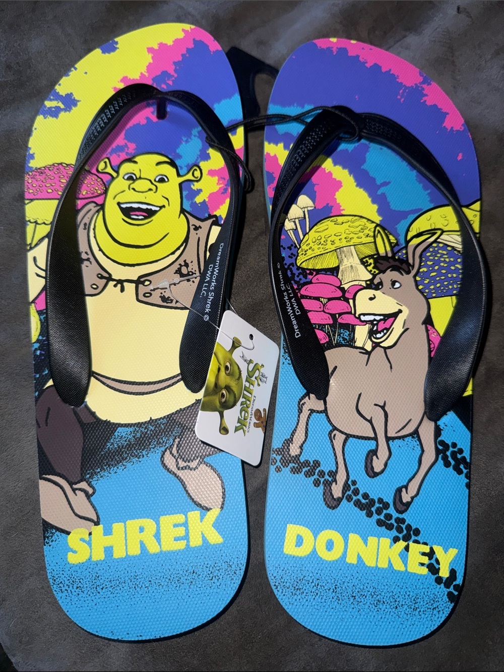 DreamWorks Shrek Donkey Flip Flops Sandals Multicolor Mushroom Swamp Movie Merch